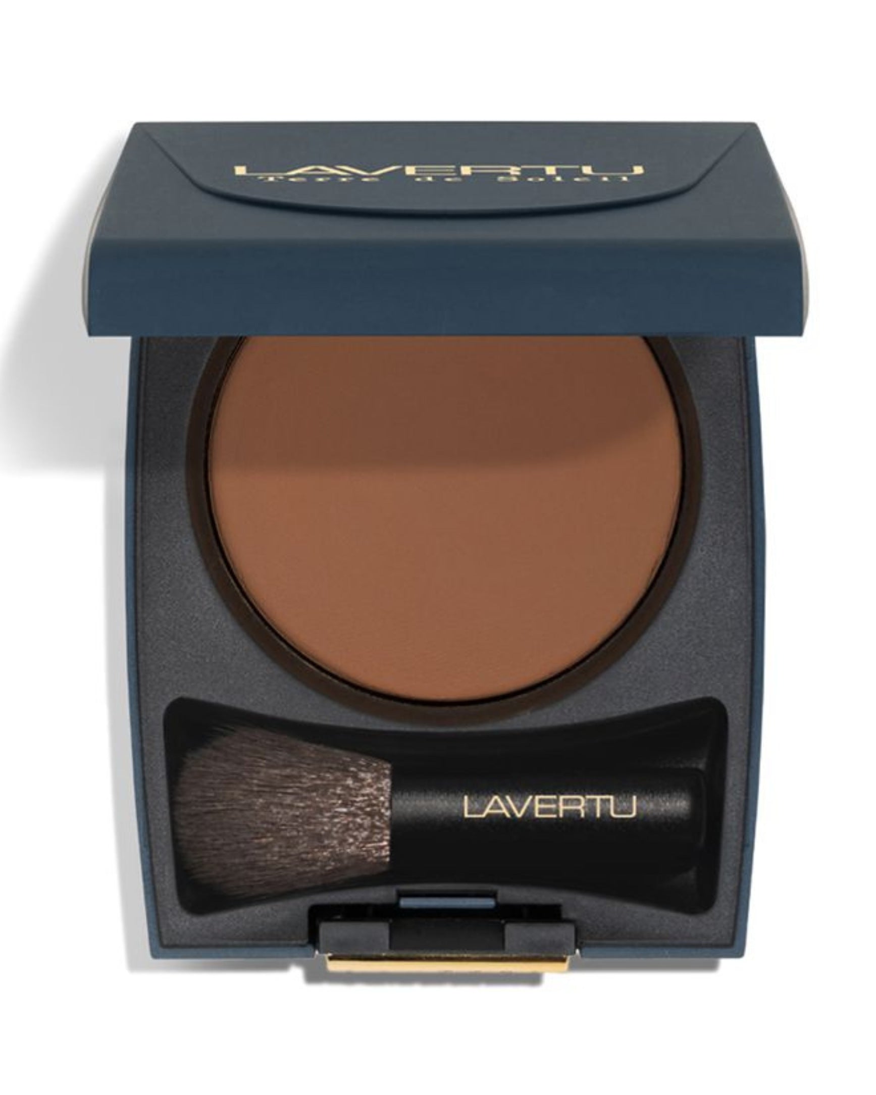 Open makeup compact with brown powder and brush, featuring the brand 'Lavertu', on a white background.