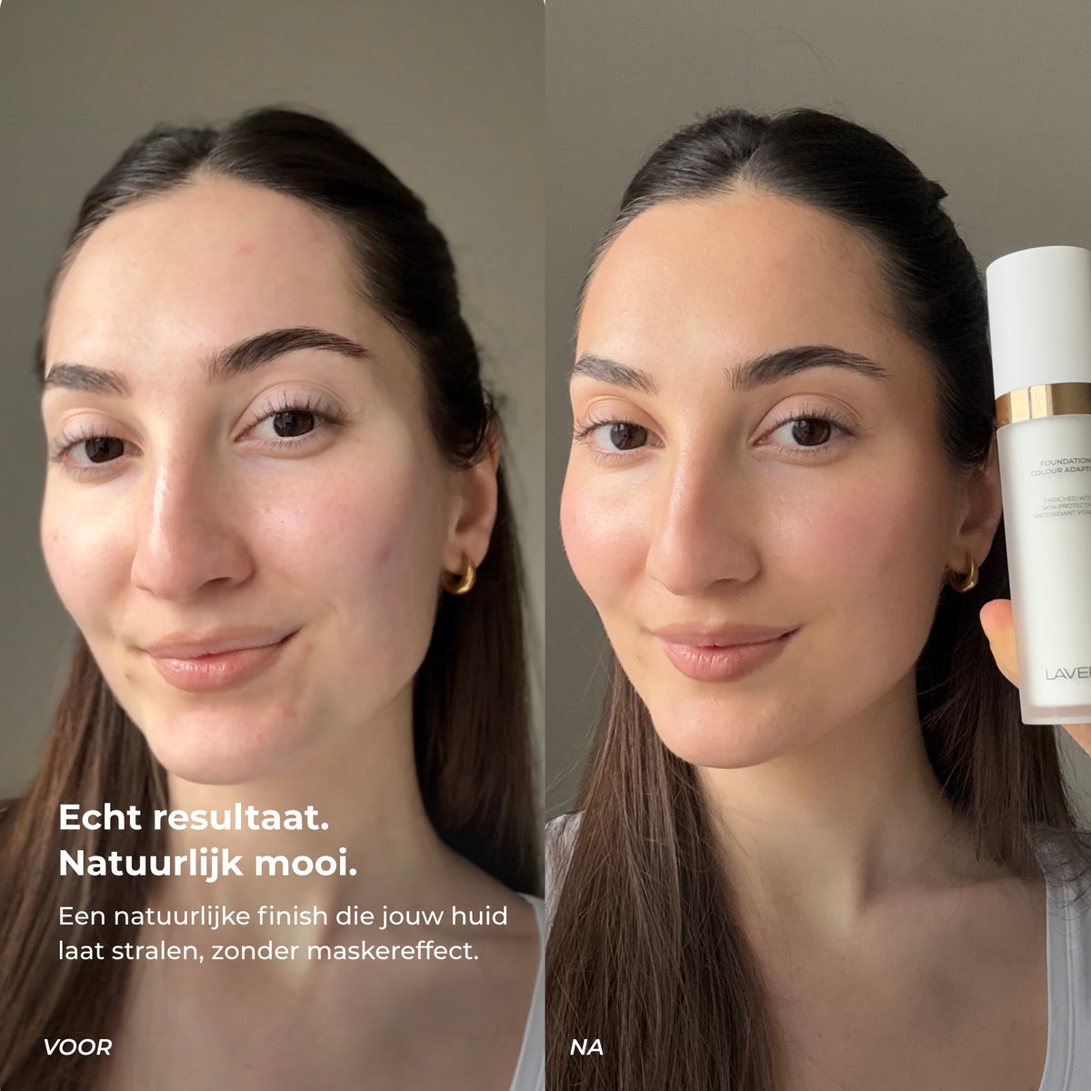 Voor-en-na vergelijking van Lavertu Colour Adapting Foundation in Medium, met een natuurlijke, egale finish.