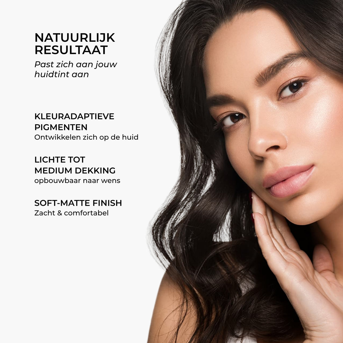 Model draagt Lavertu Colour Adapting Foundation voor lichte tot medium huidtinten met een natuurlijke soft-matte finish