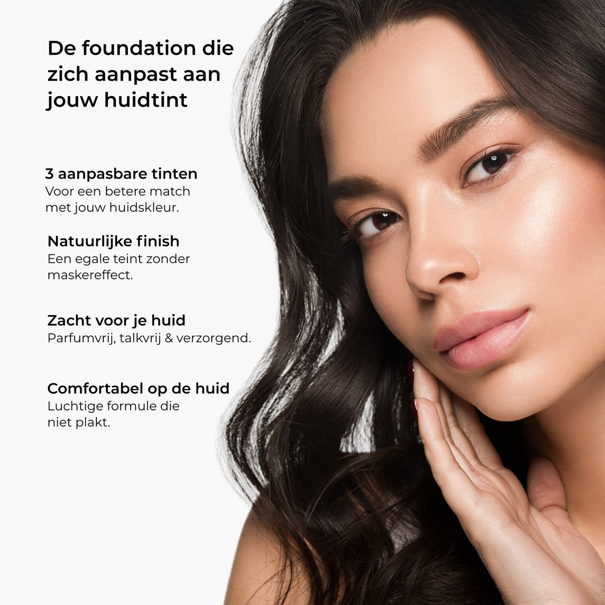 Model met een natuurlijke foundationfinish en de voordelen van Lavertu Colour Adapting Foundation, waaronder drie aanpasbare