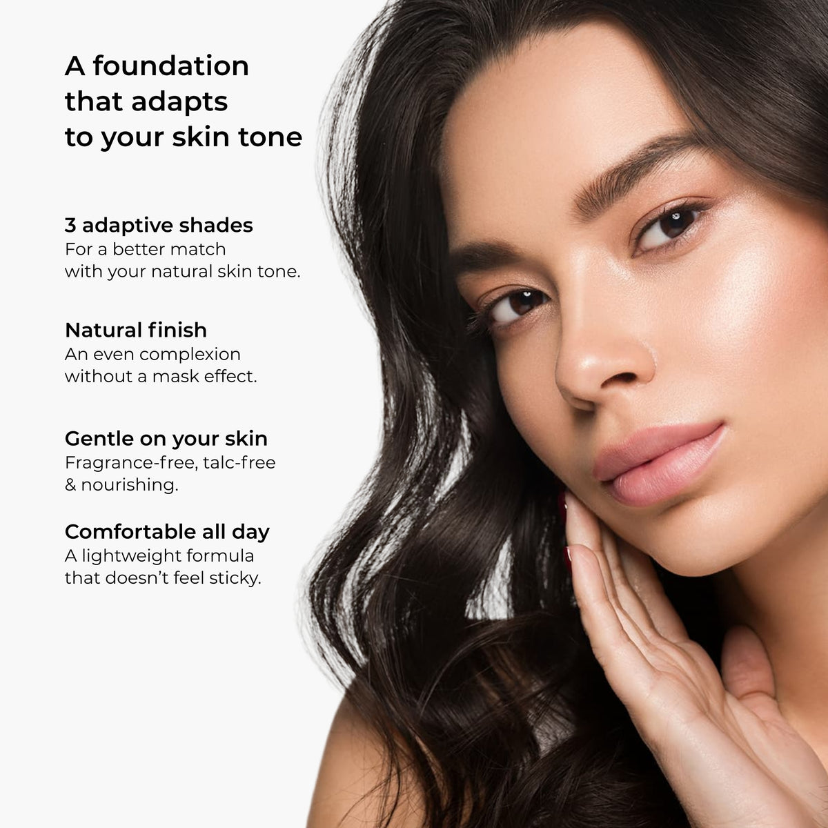 Model with a natural foundation finish and benefits of Lavertu Colour Adapting Foundation, including three adaptive shades.