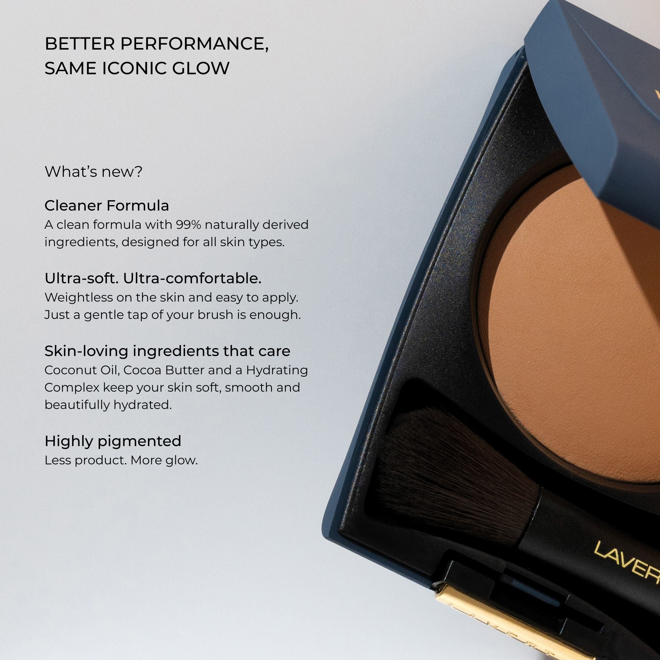 Detail view of LAVERTU Terre de Soleil Bronzer 02 Medium highlighting its 99% natural formula, ultra-soft feel and skin-loving ingredients.