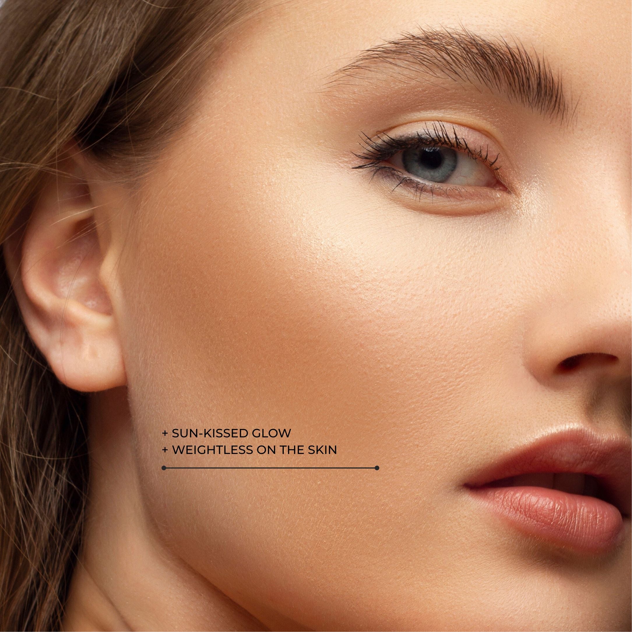 Close-up of model wearing LAVERTU Terre de Soleil Bronzer, showing a soft sun-kissed glow and weightless finish.