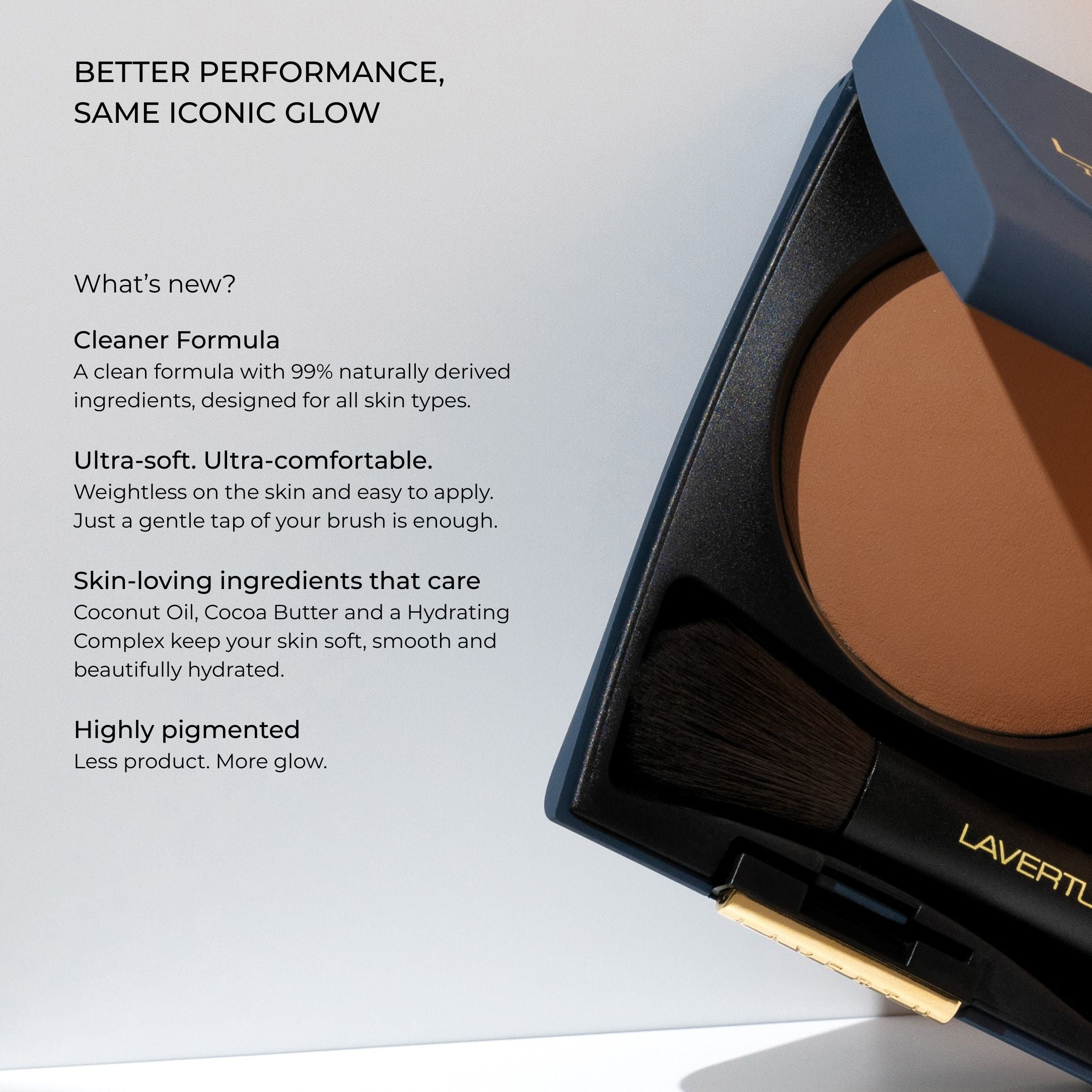 Detail view of LAVERTU Terre de Soleil Bronzer 02+ Medium Tan highlighting its 99% natural formula, ultra-soft feel and skin-loving ingredients.