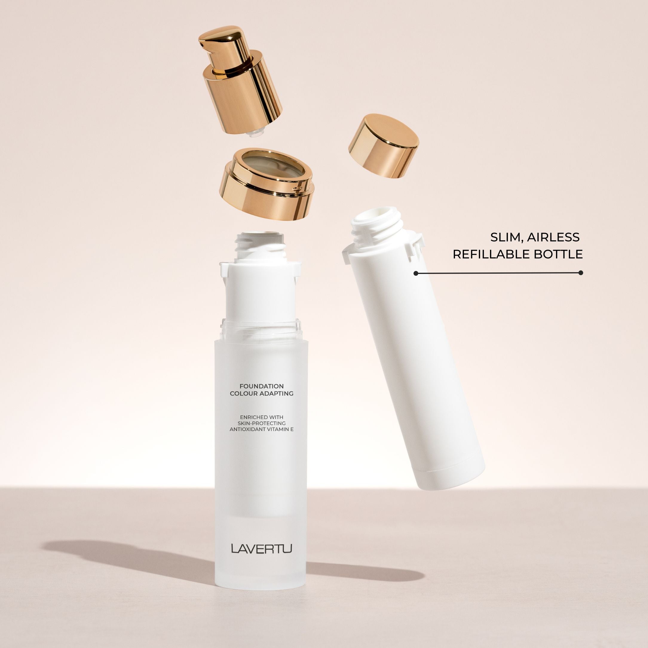 Lavertu Colour Adapting Foundation -airless refillable bottle with gold pump components