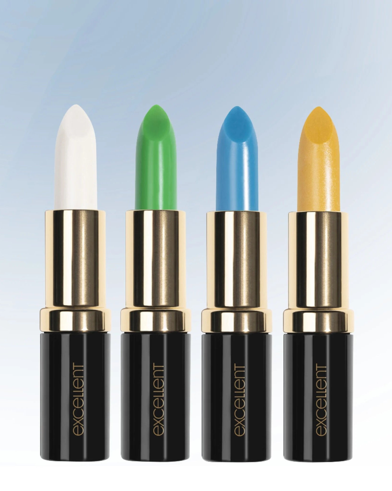LAVERTU Lipstick Excellent Set with four colour-adapting lipsticks in White, Green, Blue and Yellow, shown open to display the shades.