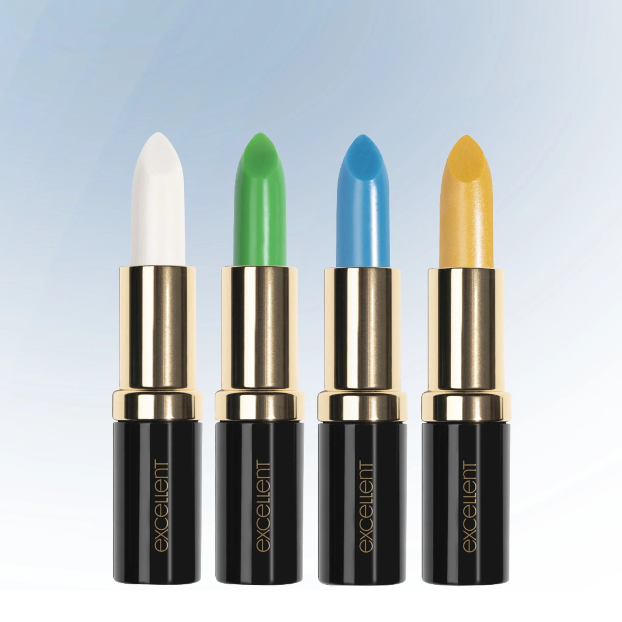 LAVERTU Lipstick Excellent Set with four colour-adapting lipsticks in White, Green, Blue and Yellow, shown open to display the shades.