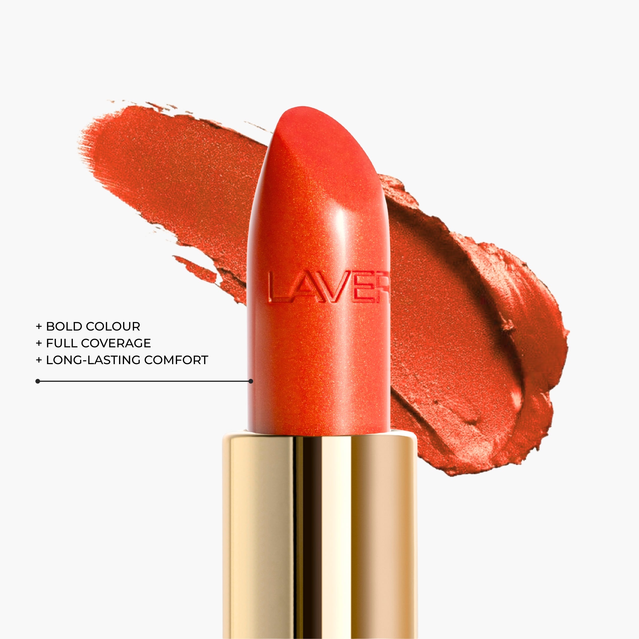 Close up texture of LAVERTU Lipstick Unique showing a warm copper orange pigment with soft terracotta undertones, delivering intense colour payoff, rich creamy texture and a smooth matte finish.