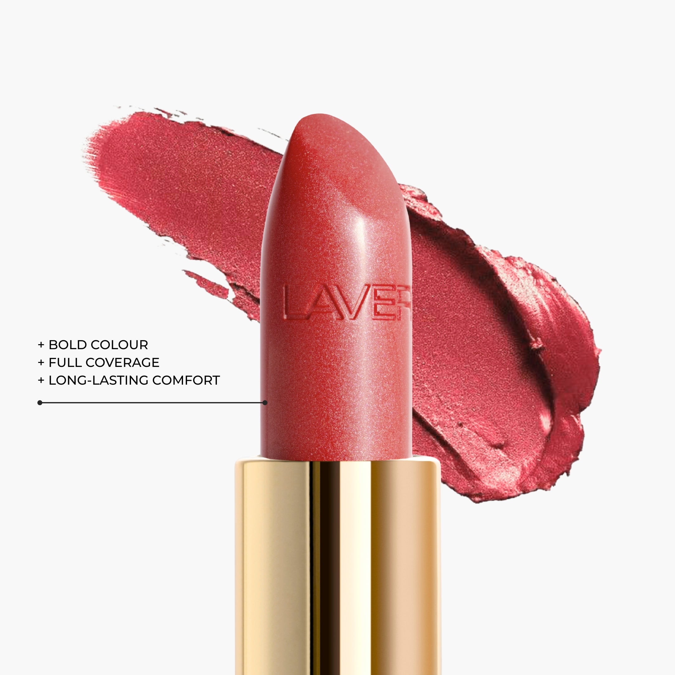 Close up texture of LAVERTU Lipstick Unique 22 Suntan Rose showing a warm rosy nude pigment with subtle terracotta undertones, intense colour payoff, rich creamy texture and a smooth matte finish.