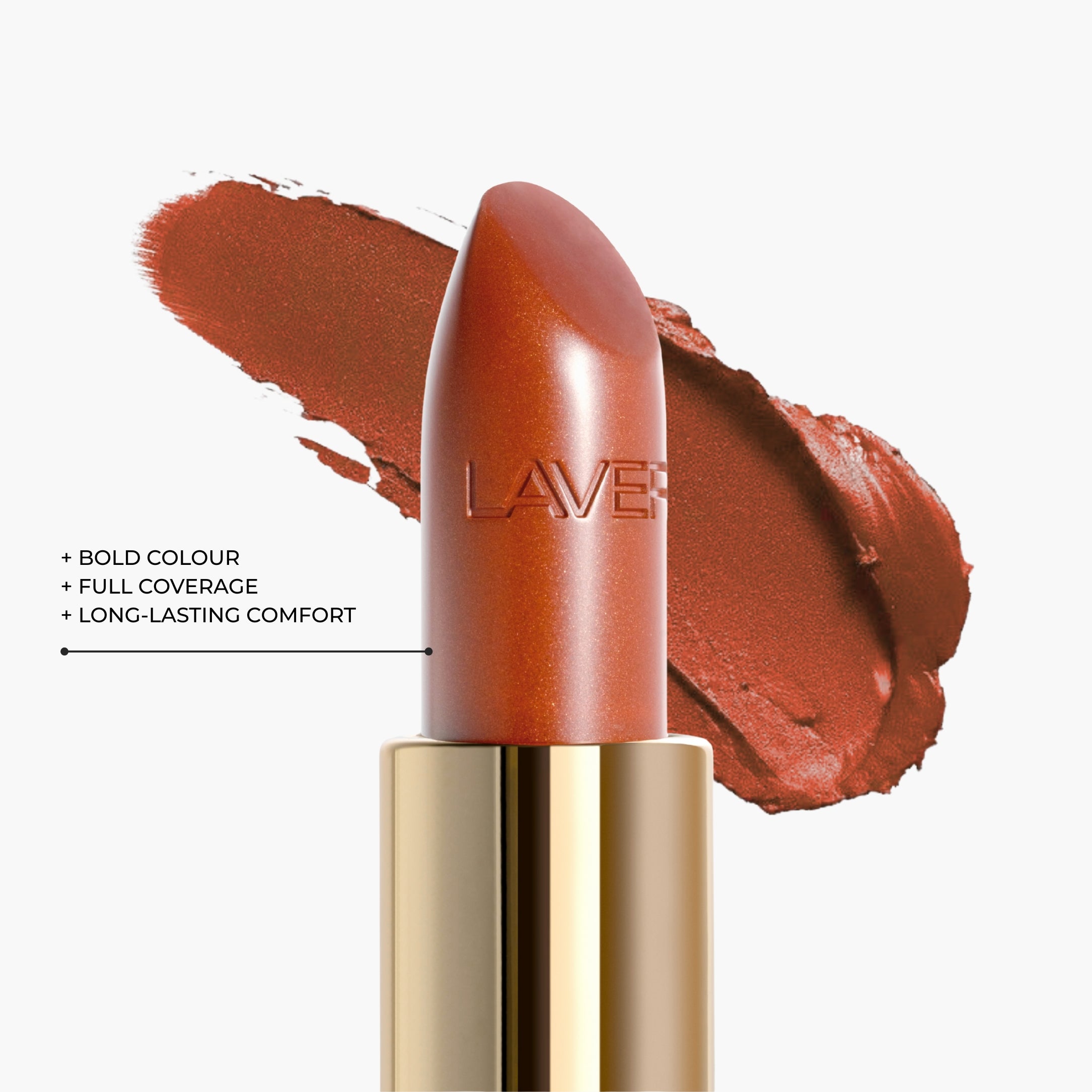 Close up texture of LAVERTU Lipstick Unique 24 Deneb Brown showing a warm brown pigment with caramel undertones and a refined bronze metallic shimmer, delivering intense colour payoff, a rich creamy texture and a smooth matte finish.