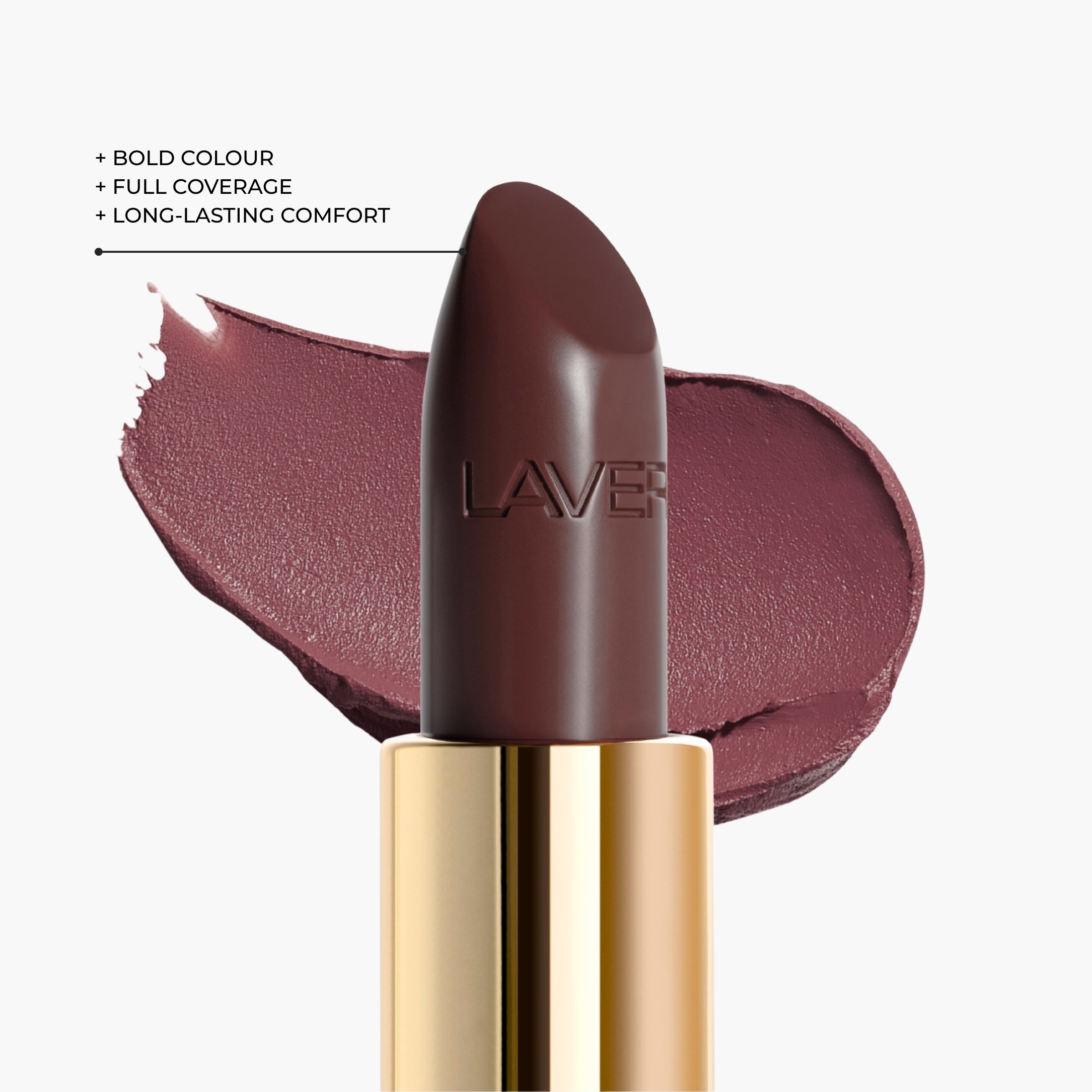 Close up texture of LAVERTU Lipstick Unique 26 Gravetye Beauty showing a deep cool brown pigment with intense colour payoff, rich creamy texture and smooth matte finish