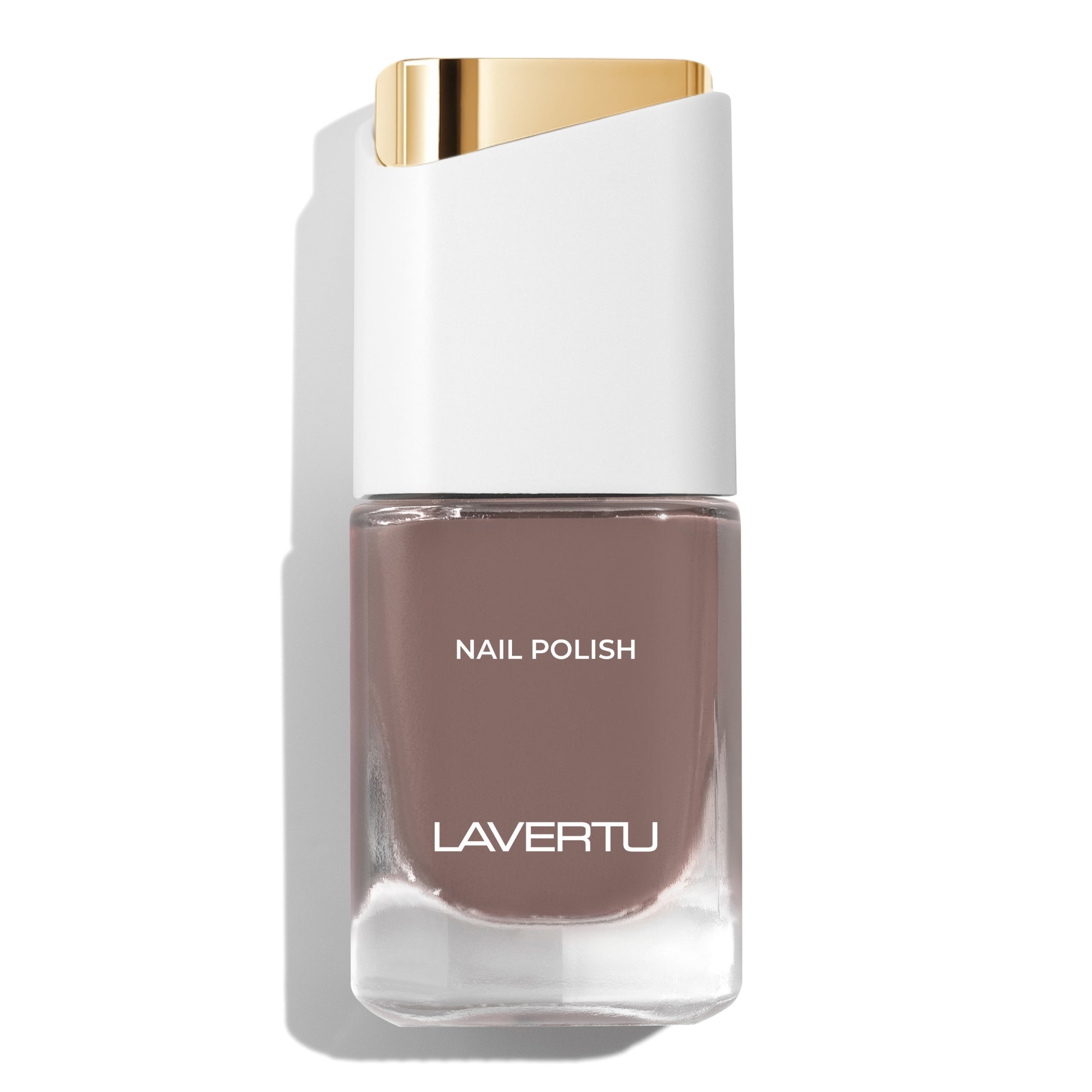 LAVERTU Nail Polish Nature 43 Brunette, a warm taupe brown shade with soft neutral undertones in a clean, minimalist bottle.