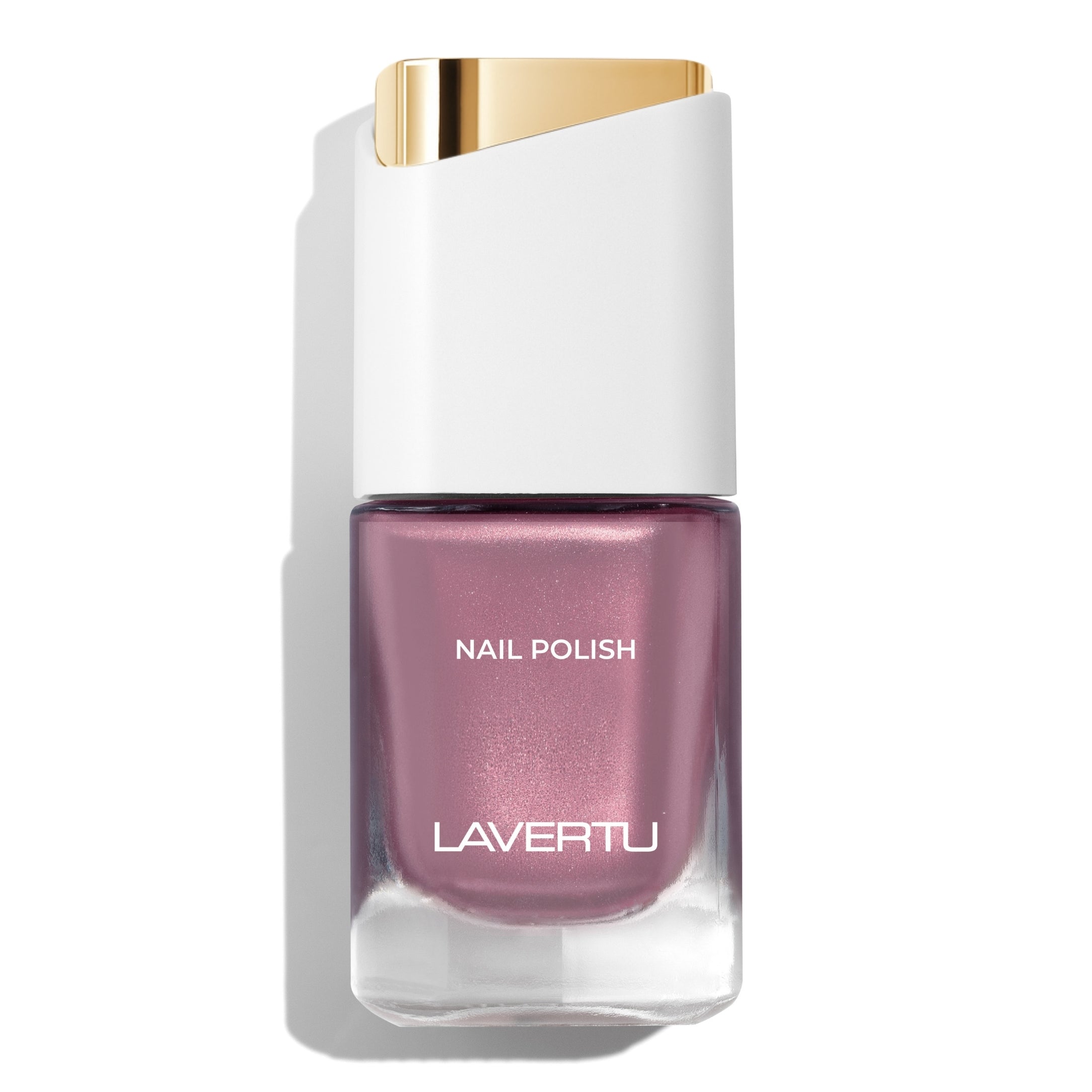 LAVERTU Nail Polish Unique 21 Nitida Rose packshot featuring a soft muted rose nail colour with subtle pearlescent shimmer, full coverage and glossy finish in a sleek glass bottle.