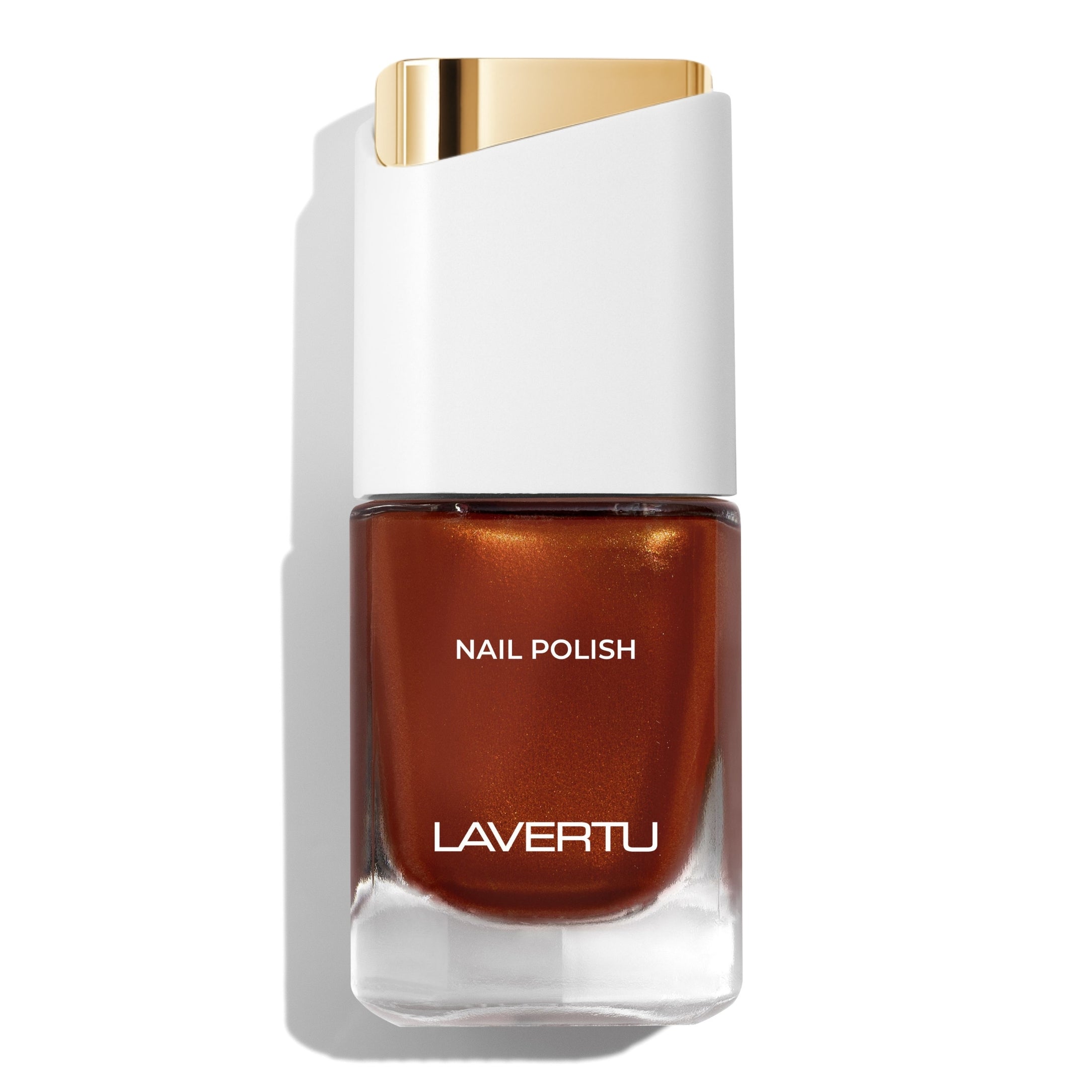 LAVERTU Nail Polish Unique 24 Deneb Brown packshot featuring a warm bronze brown nail colour with subtle metallic shimmer full coverage and glossy finish in a sleek glass bottle.