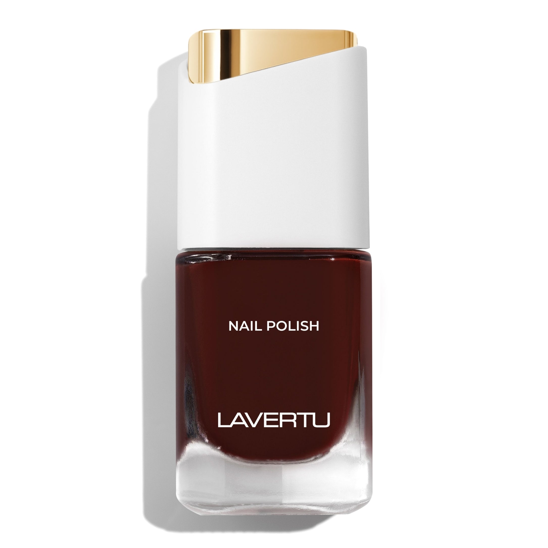 LAVERTU Nail Polish Unique 26 Gravety Beauty packshot featuring a deep dark burgundy nail colour with full coverage and glossy finish in a sleek glass bottle.