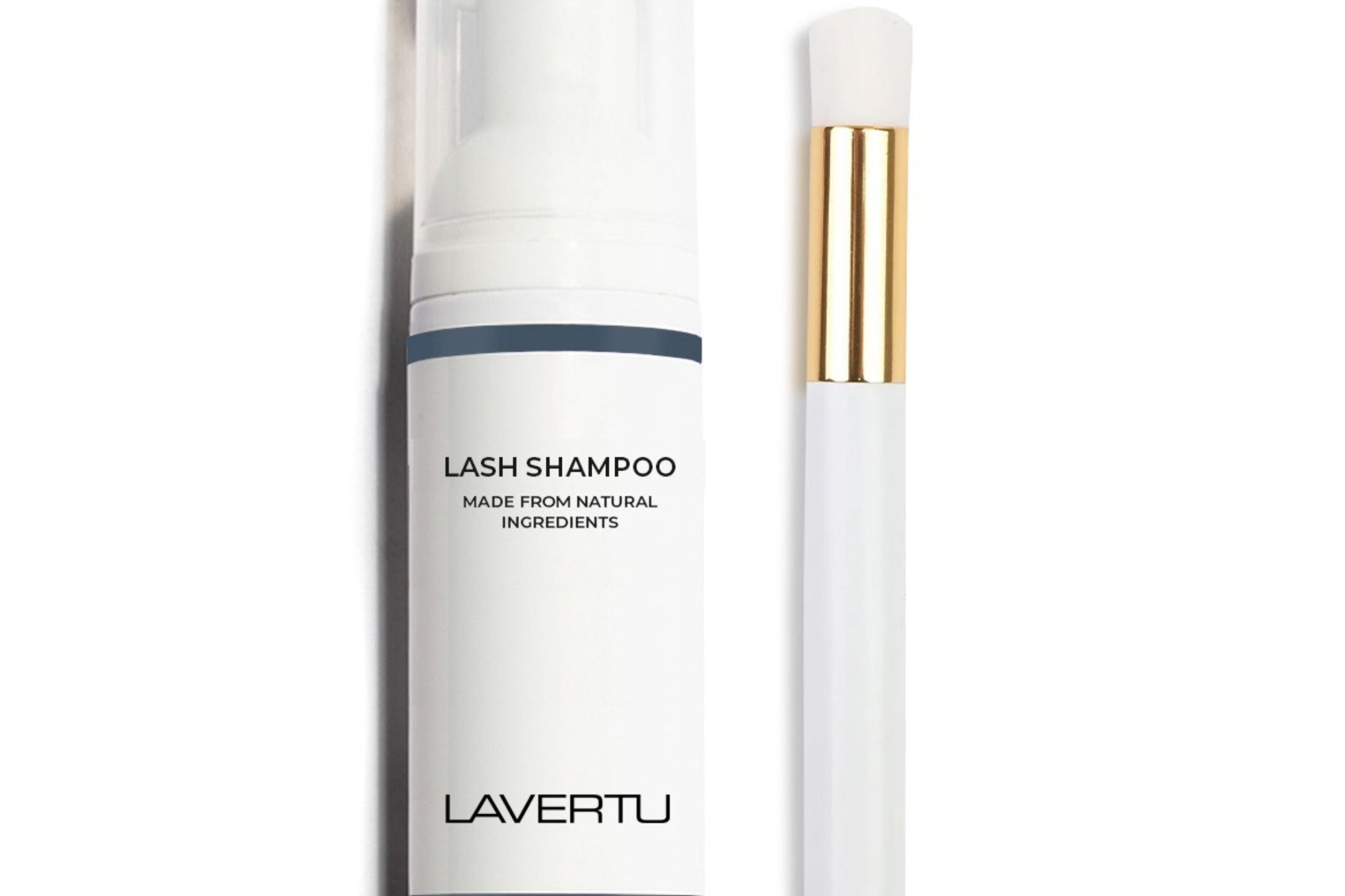 Lavertu Lash Shampoo with cleansing brush, gentle natural formula for daily lash care and hygienic cleansing.