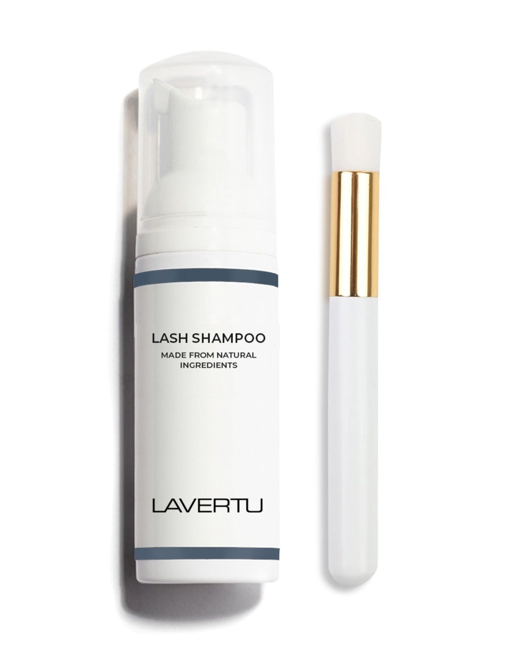 Lavertu Lash Shampoo with cleansing brush, gentle natural formula for daily lash care and hygienic cleansing.