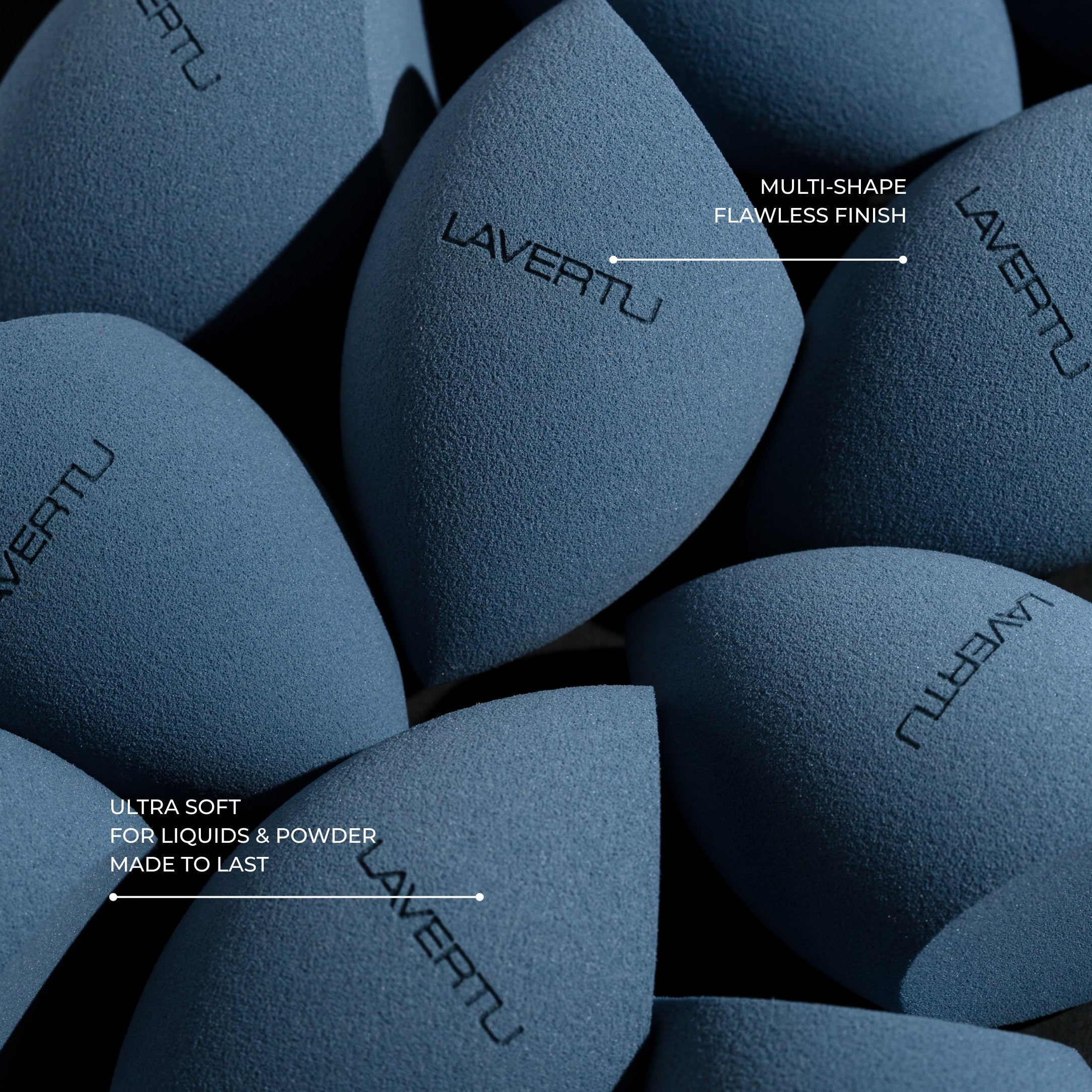 Multiple Lavertu makeup sponges in signature blue color designed for flawless liquid and powder makeup application.