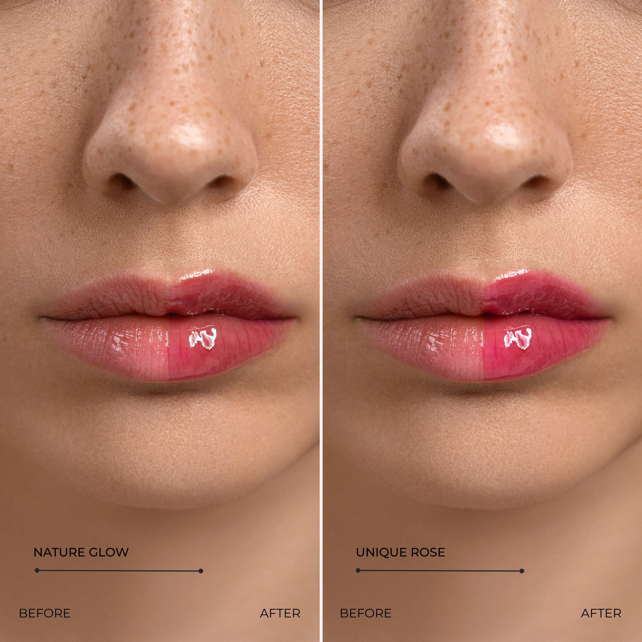 Before and after results of Lavertu Renewal Adaptive Lip Oil showing natural glow and unique rose lip color.