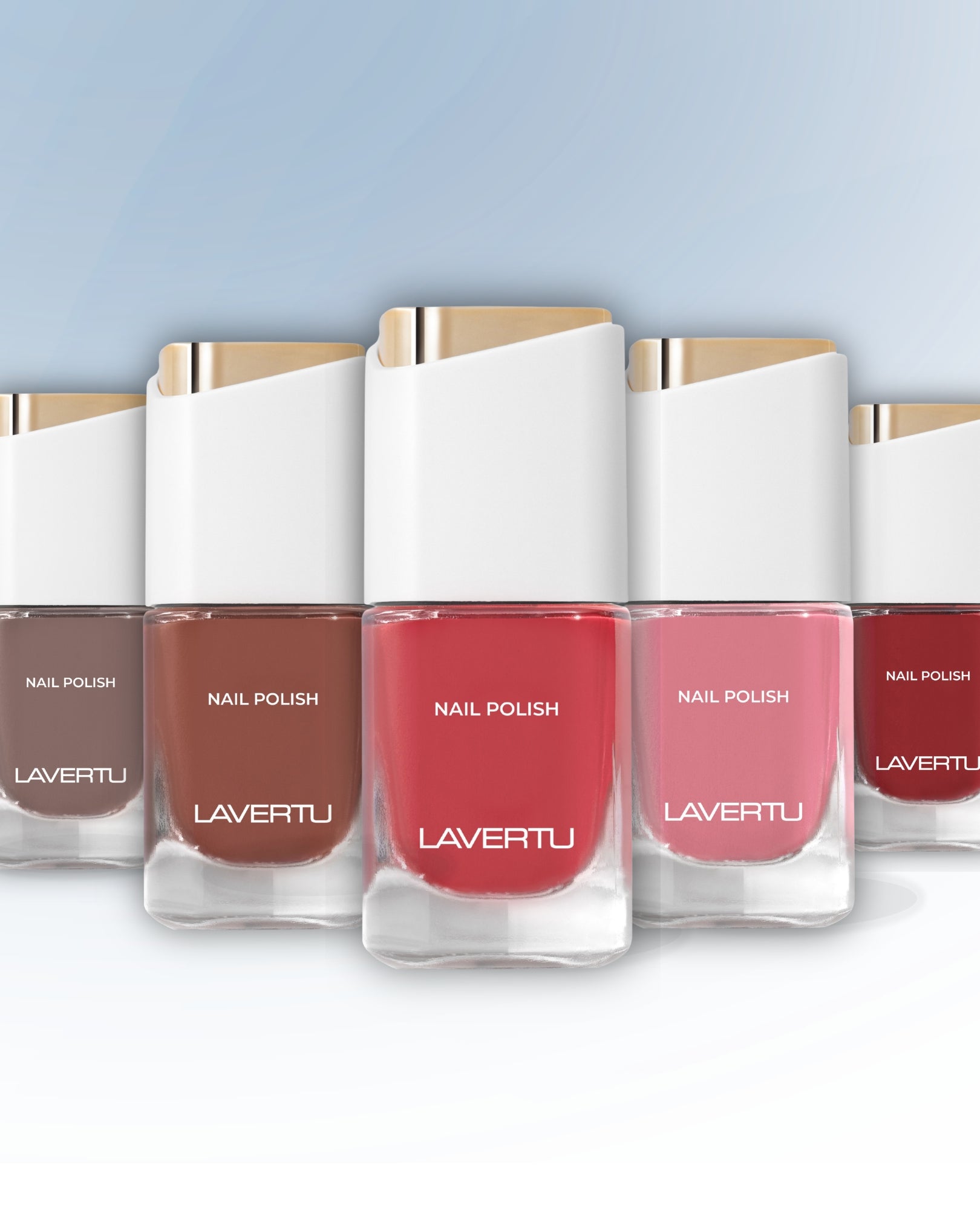 Set of six Lavertu nail polish bottles in various shades on a light gray background