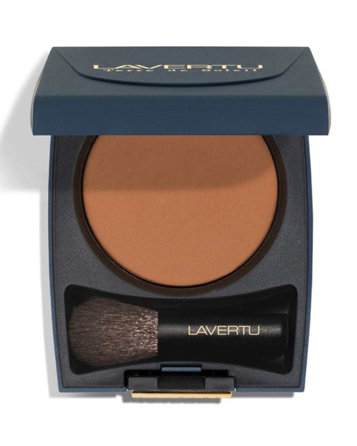 Lavertu Terre de Soleil Bronzer in open navy blue compact with bronzing powder and included brush