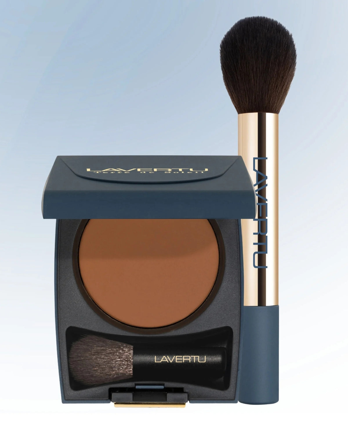 Lavertu Terre de Soleil Bronzer and Brush Set with open bronzer compact, included mini brush and matching full-size bronzer brush