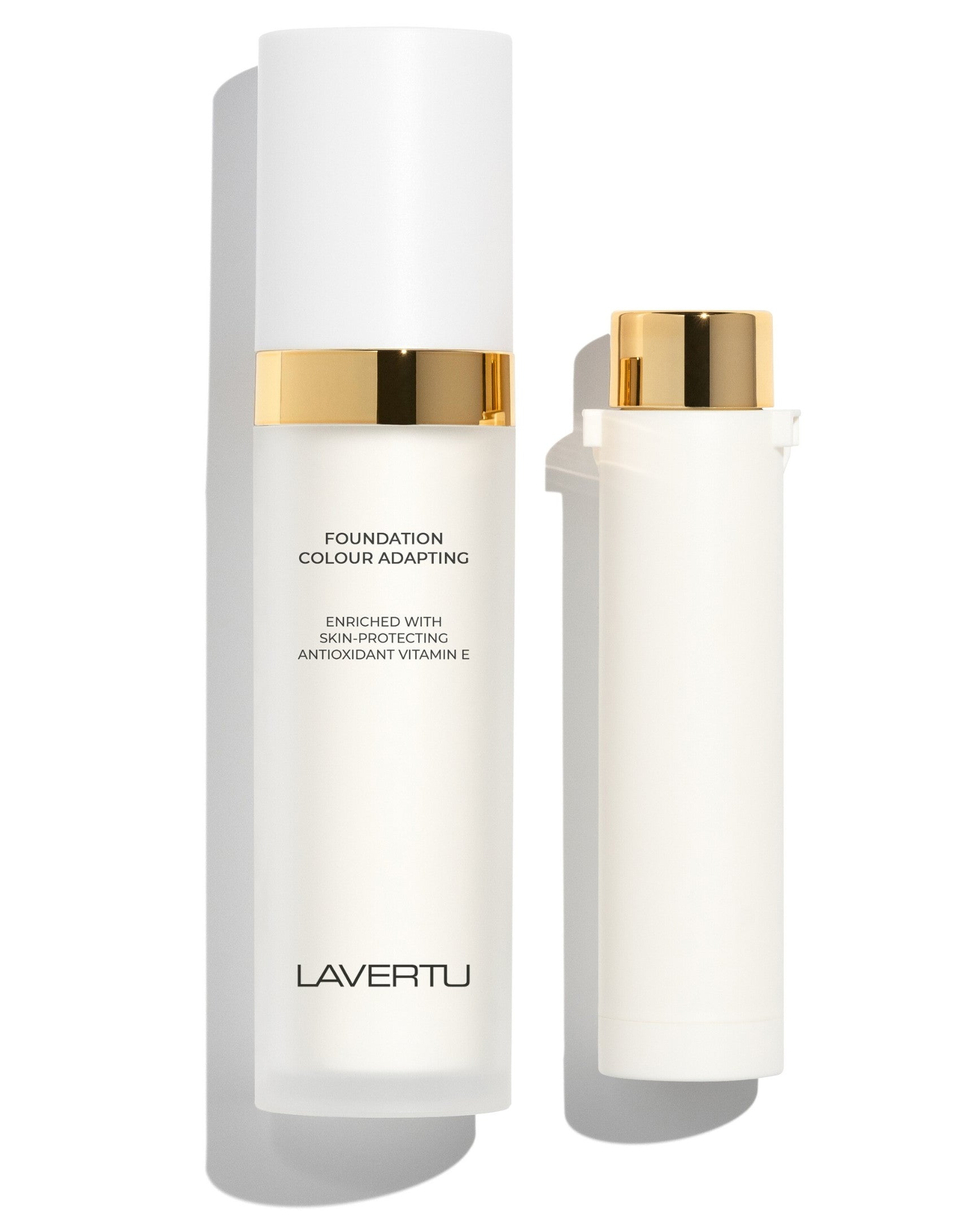 Two skincare bottles with gold caps and 'Lavertu' branding on a white background