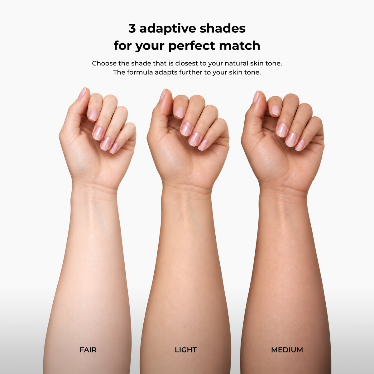 Three skin tone examples for Lavertu Colour Adapting Foundation: Fair, Light and Medium, from very fair to medium-tan.