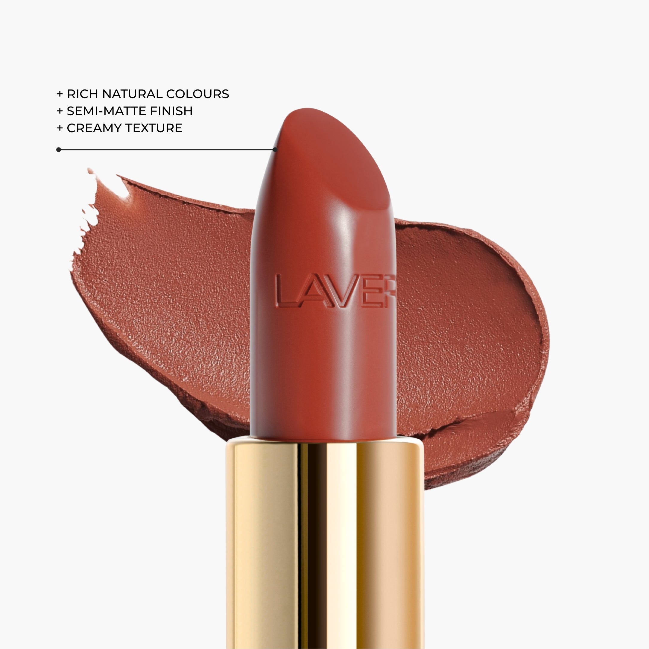 Close-up texture of LAVERTU Lipstick Nature 30 Darby Rose showing a warm dusty rose colour with a creamy texture and smooth semi-matte finish.