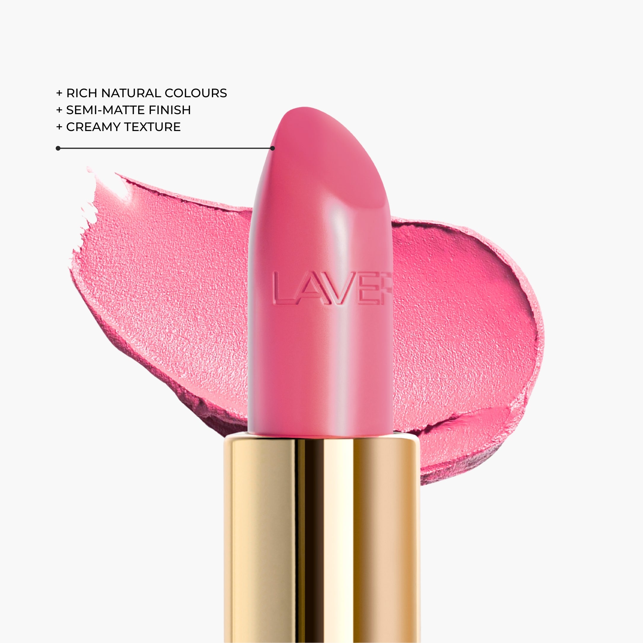 Texture close up of LAVERTU Lipstick Nature 32 Dagmar Rose showing soft rosy pink colour with creamy texture and demi-matte finish