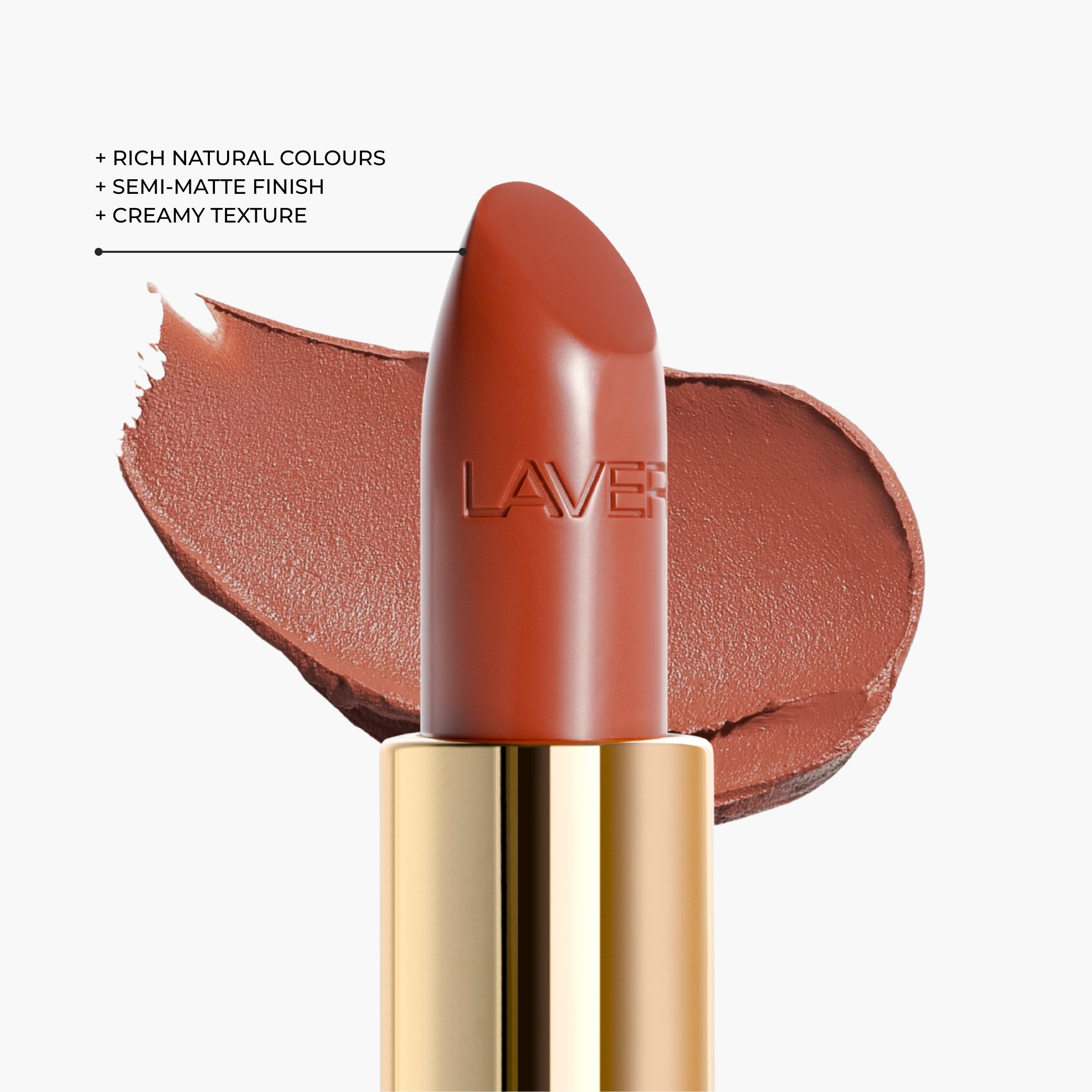 Texture close up of LAVERTU Lipstick Nature 33 Sutter’s Brown showing a rich warm brown colour with muted rose undertones, creamy texture and soft demi-matte finish.