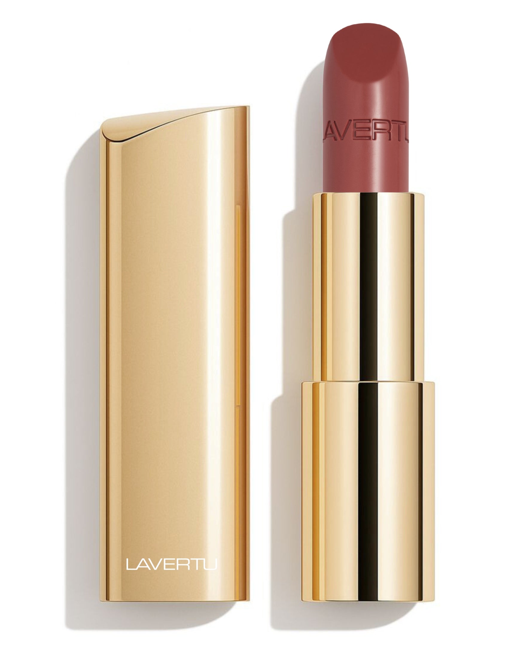 LAVERTU Lipstick Nature 34 Metanoia Rose packshot featuring a deep muted rose shade with warm brown undertones, semi-matte finish and full coverage in a luxurious gold case.