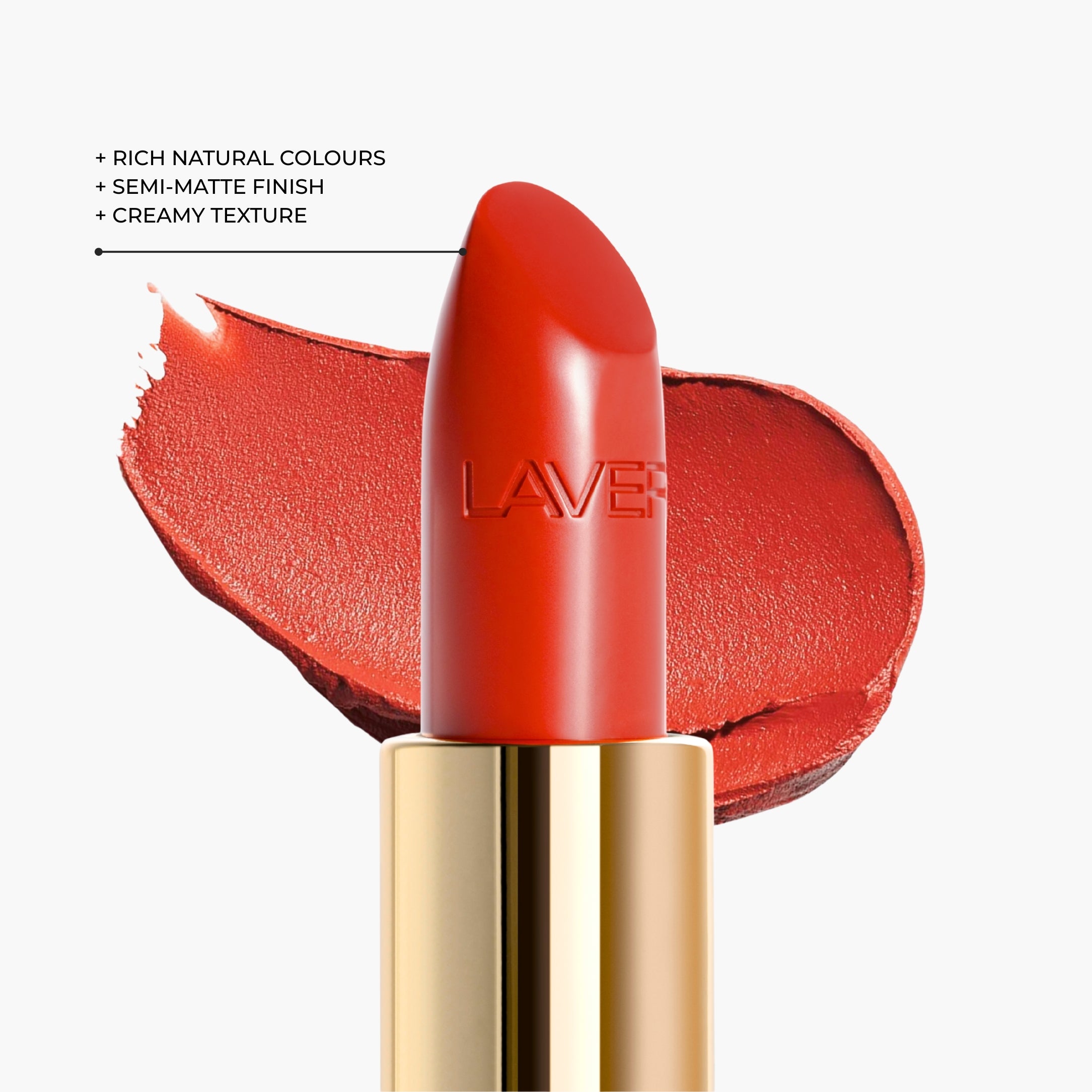 Texture close-up of LAVERTU Lipstick Nature 35 Delbard Orange showing a warm vibrant orange shade, creamy texture and soft semi-matte finish.