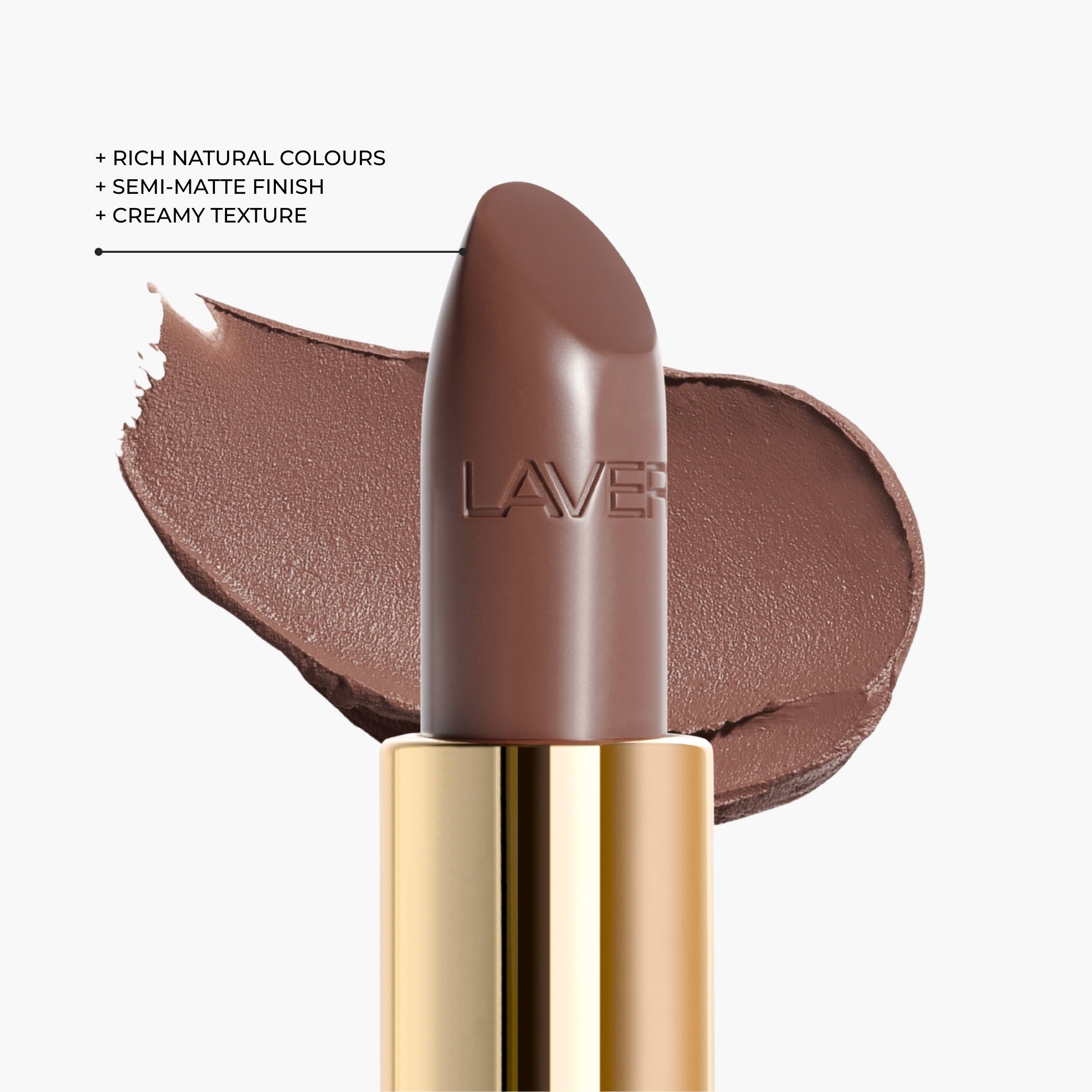 Texture close-up of LAVERTU Lipstick Nature 43 Brunette showing a warm brown nude colour with subtle taupe undertones, creamy texture and soft semi-matte finish.