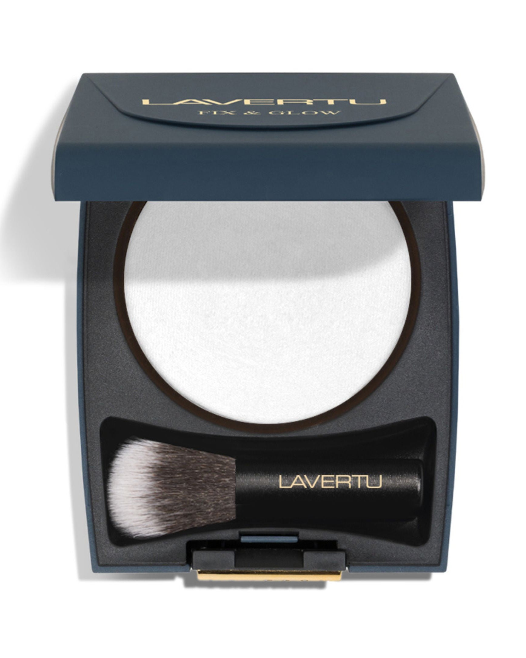 Lavertu Translucent Fix Glow Powder compact with integrated brush for setting makeup and enhancing natural glow.
