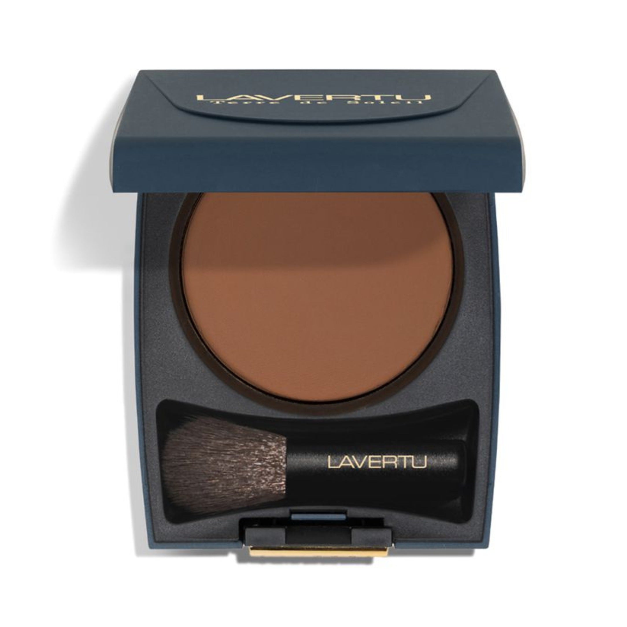 Open makeup compact with brown powder and brush, featuring the brand 'Lavertu', on a white background.