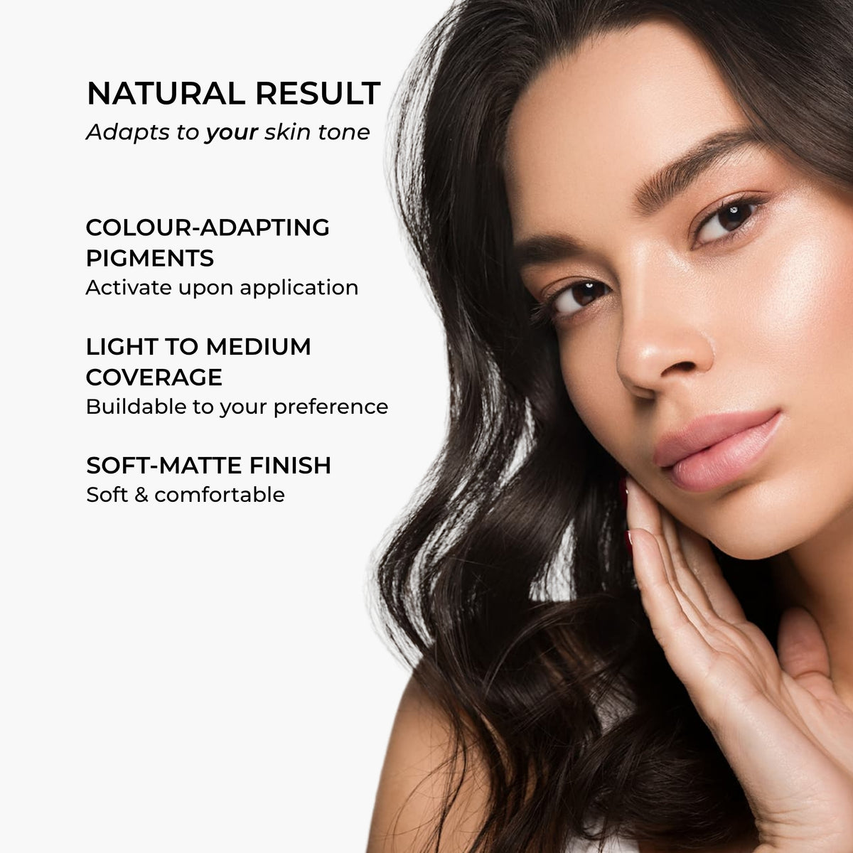 Model wearing Lavertu Colour Adapting Foundation for light to medium skin tones with a natural soft-matte finish