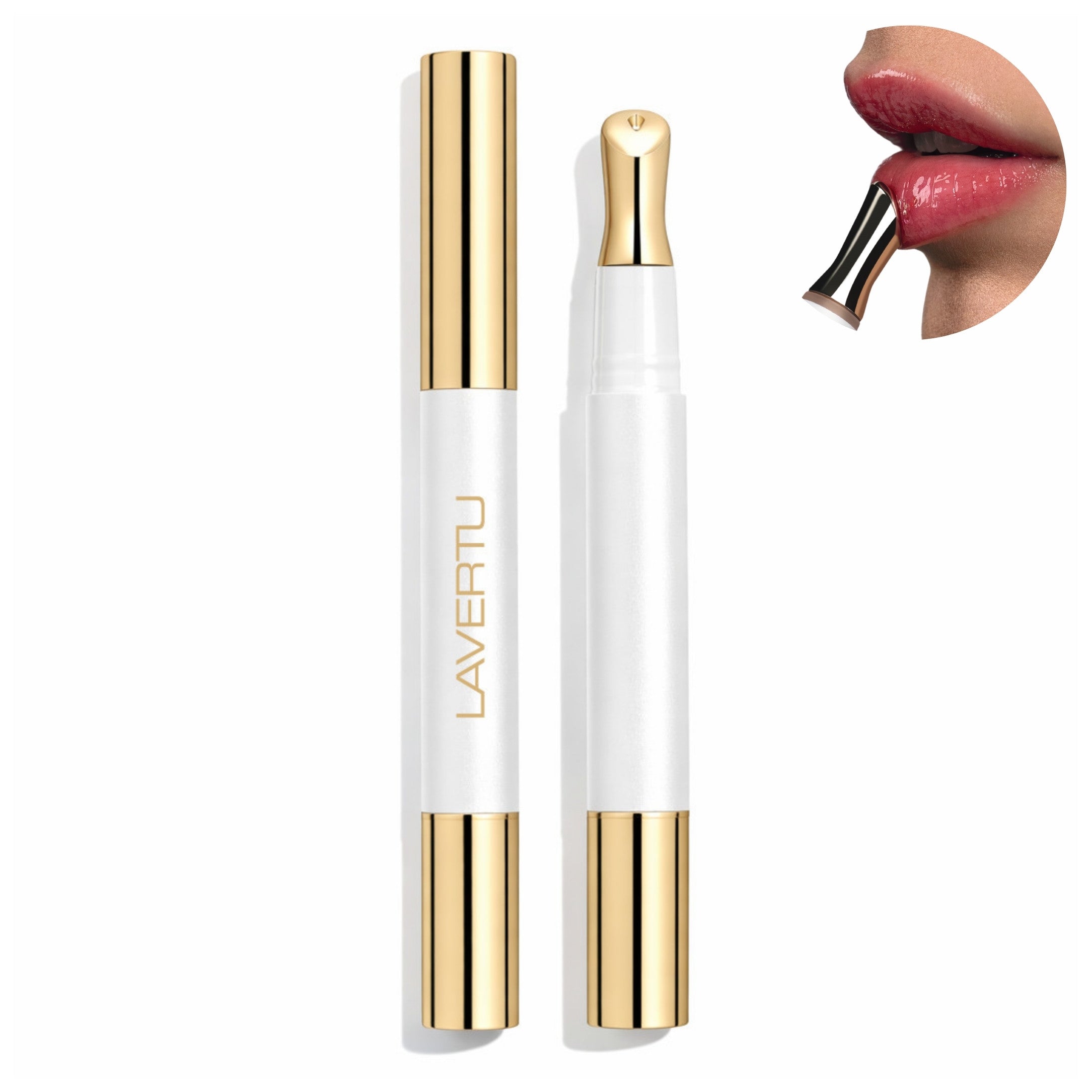 Lavertu Renewal Adaptive Lip Oil with applicator and example of application on the lips