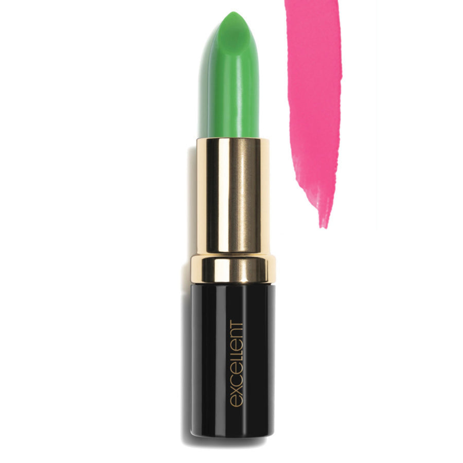LAVERTU Lipstick Excellent in green shade with pH-reactive pink colour swatch.