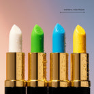 LAVERTU Lipstick Excellent Green shown with water droplets - waterproof and kiss-proof formula.