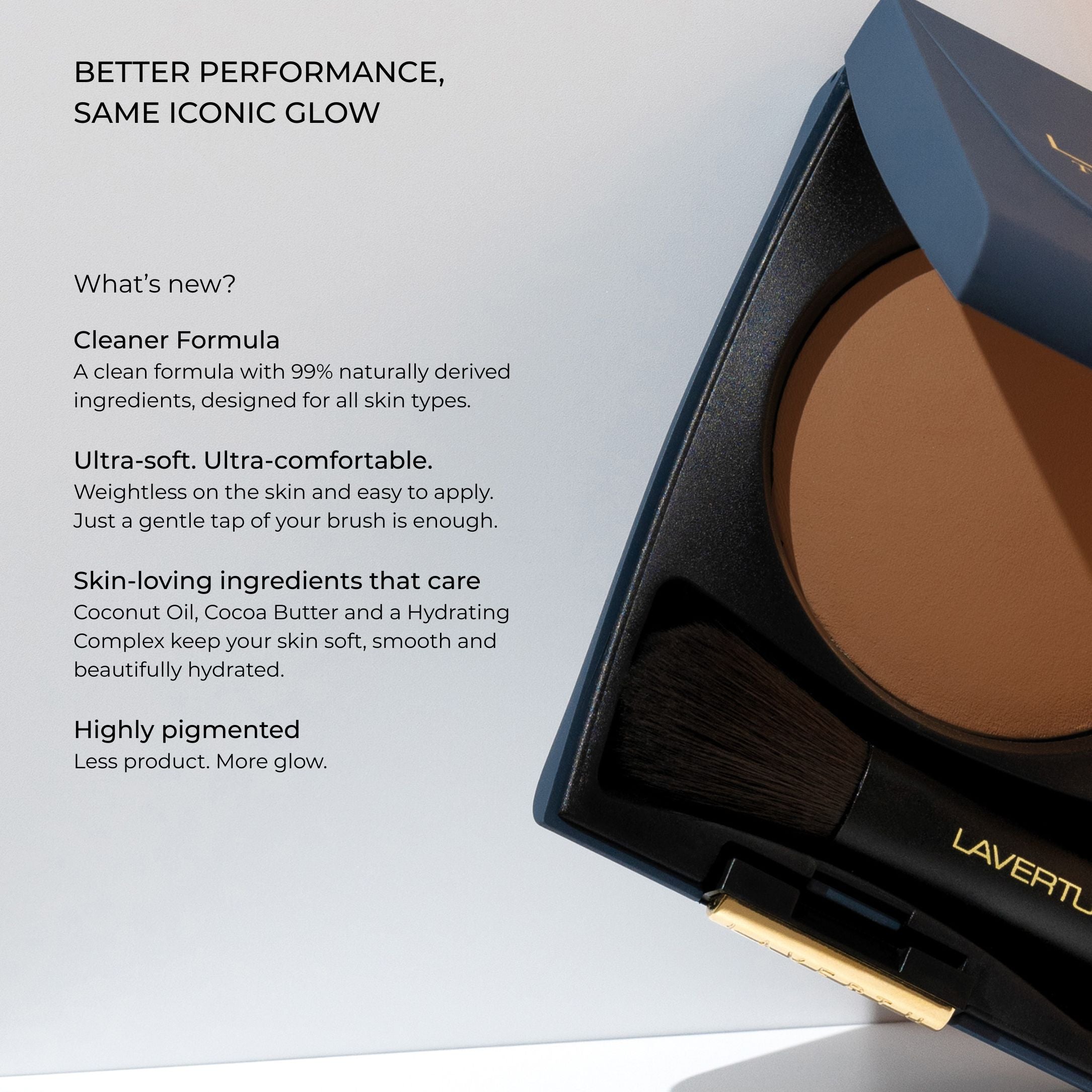 Detail view of LAVERTU Terre de Soleil Bronzer 01 Dark highlighting its 99% natural formula, ultra-soft feel and skin-loving ingredients.