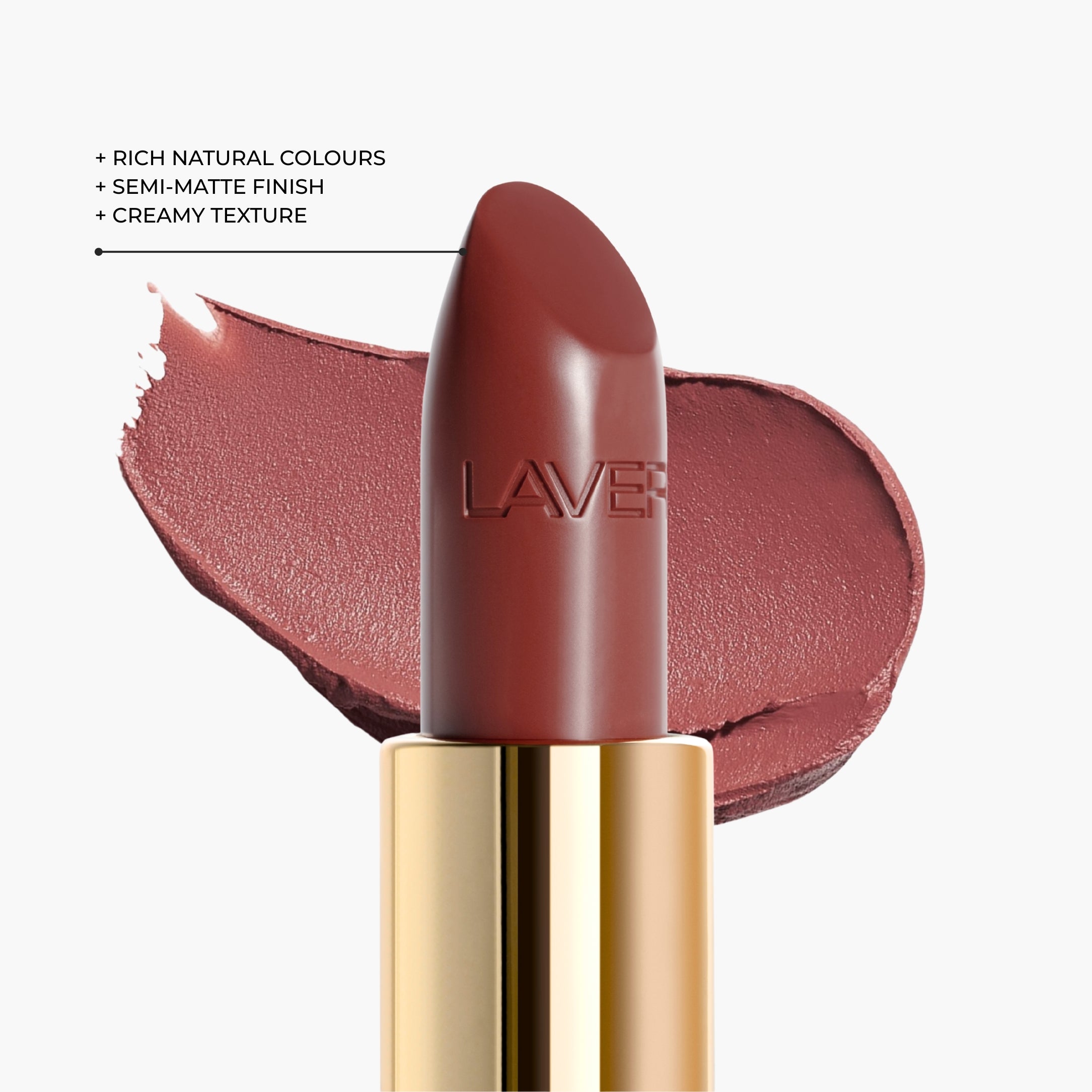 Texture close-up of LAVERTU Lipstick Nature 34 Metanoia Rose showing a rich muted rose colour with brown undertones, creamy texture and soft semi-matte finish.
