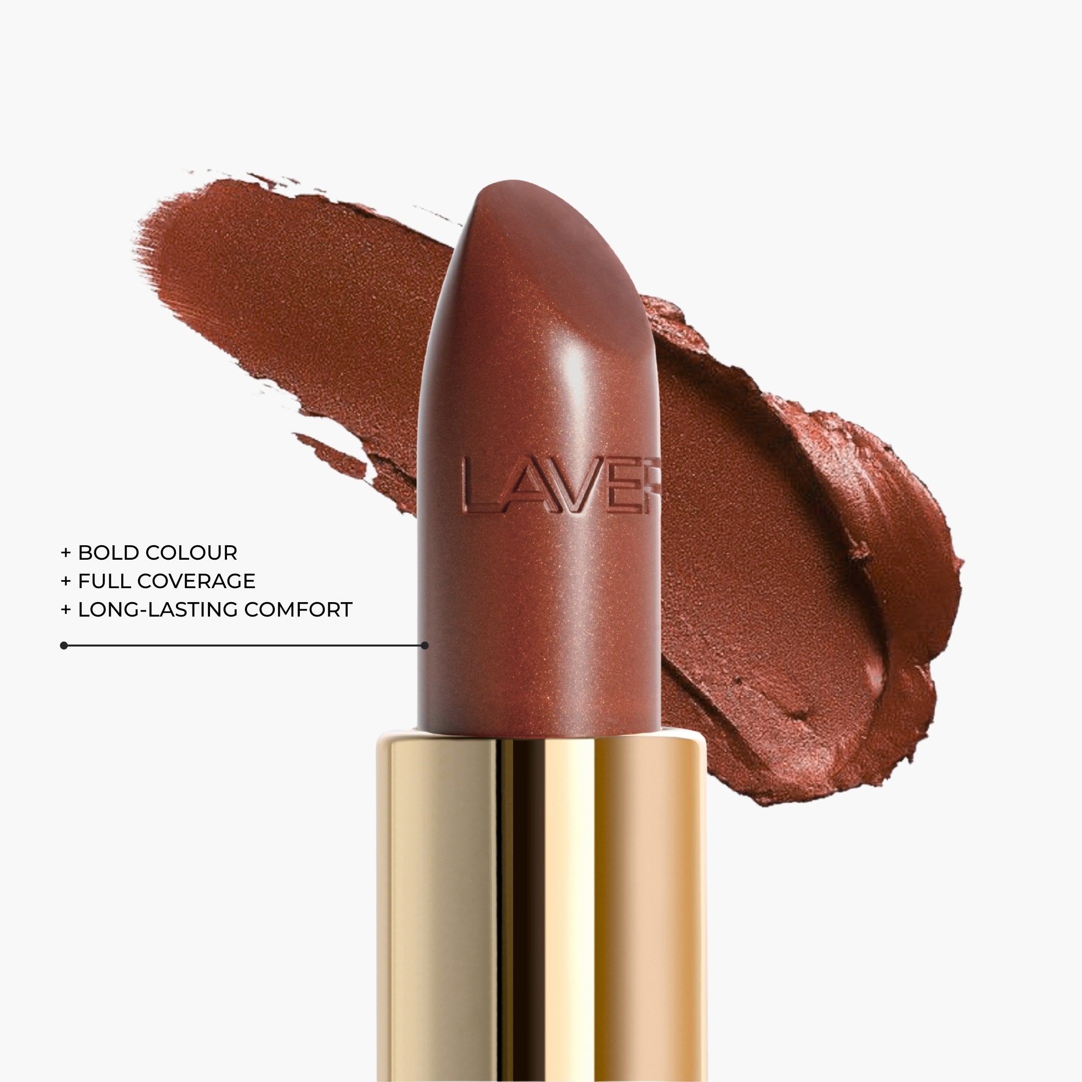 Close up texture of LAVERTU Lipstick Unique showing a warm brown pigment with subtle bronze metallic shimmer, delivering intense colour payoff, rich creamy texture and a smooth satin matte finish.