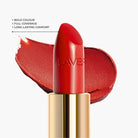 Close up texture of LAVERTU Lipstick Unique 17 Kassel Red showing a vibrant bright red shade with warm undertones, bold pigmentation and creamy smooth matte texture.
