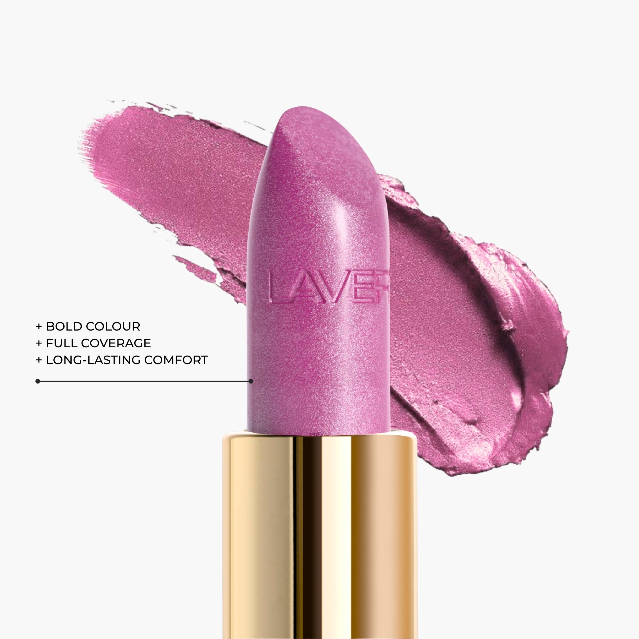 Close up texture of LAVERTU Lipstick Unique 21 Nitida Rose showing a soft dusty rose pigment with cool lilac undertones, refined satin matte texture, smooth creamy application and high colour payoff.