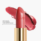 Close up texture of LAVERTU Lipstick Unique 22 Suntan Rose showing a warm rosy nude pigment with subtle terracotta undertones, intense colour payoff, rich creamy texture and a smooth matte finish.