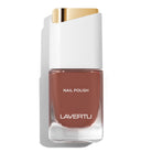 LAVERTU Nail Polish Nature 33 Sutter’s Brown packshot featuring a warm medium brown nail colour with soft rosy undertones, full coverage and glossy finish in a sleek glass bottle.