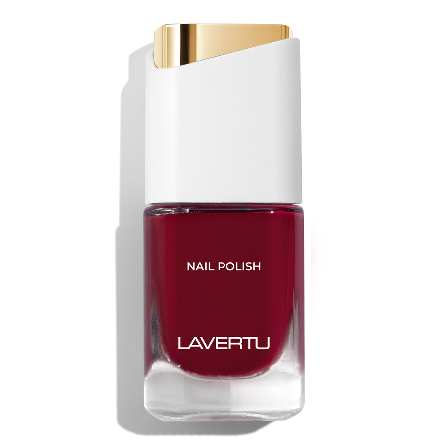 LAVERTU Nail Polish Nature 37 Messira Red packshot featuring a warm brick red nail colour with earthy undertones, full coverage and glossy finish in a sleek glass bottle.