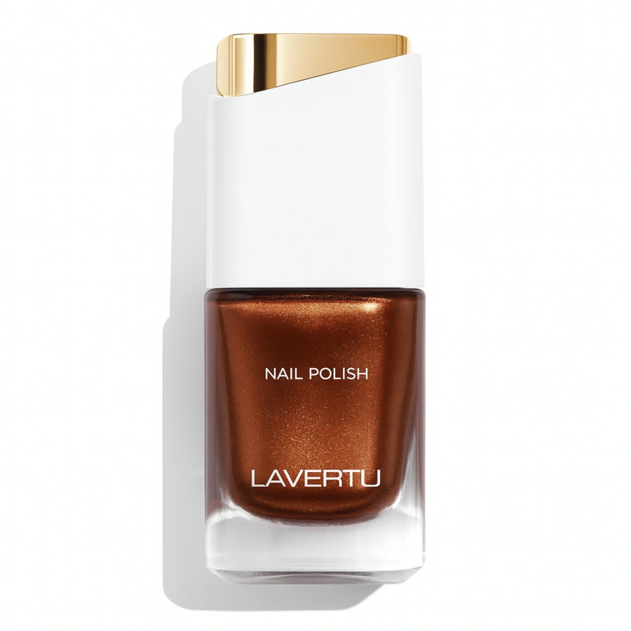 LAVERTU Nail Polish Unique 14 Copper packshot featuring a warm copper brown nail colour with subtle metallic shimmer, full coverage and glossy finish in a sleek glass bottle.