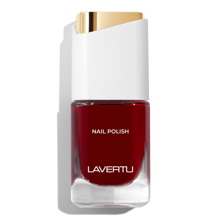 LAVERTU Nail Polish Unique 19 Altissimo Red packshot featuring a deep true red nail colour with full coverage and glossy finish in a sleek glass bottle.